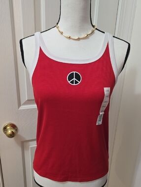 SO BRAND WOMENS JUNIOR WOMEN'S RED & WHITE TANK TOP WITH PEACE SYMBOL SIZE LARGE